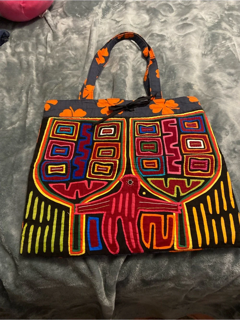 Colorful Embroidered Black Tote Bag with Multicolor Folk Motif